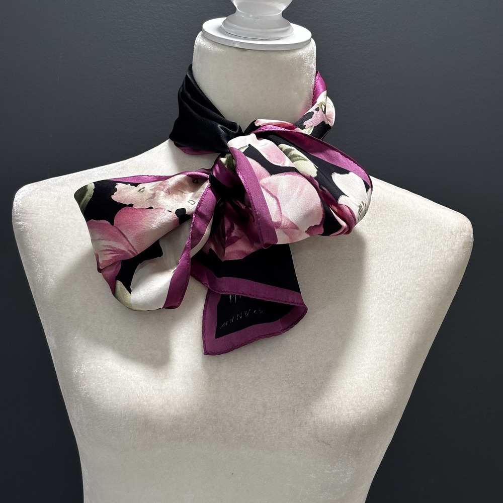 Jones New York 100% Silk Oblong Scarf Black Pink Rose Floral Print Long Wrap